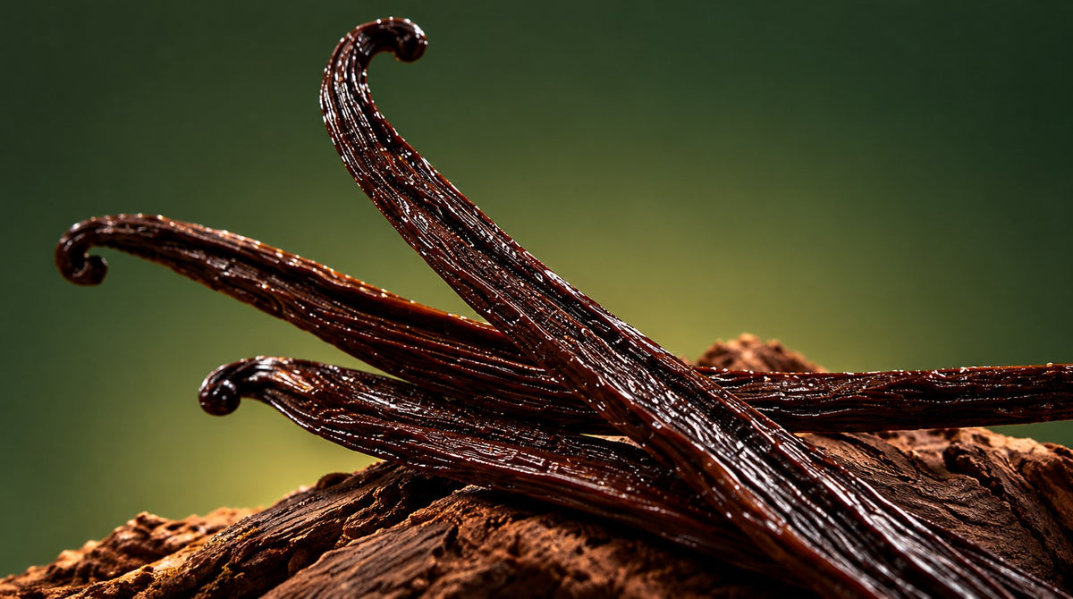Glossy vanilla pods on rough bark